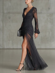 Sofia | Dark Grey Lace Ruched Maxi Dress