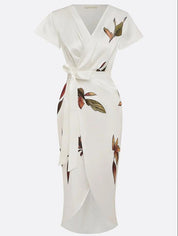 Judy | White Leaf Short Sleeve Satin Midi Dress