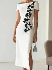 Audrey | Chic Floral Print Boat Neck Midi Dress Outfit