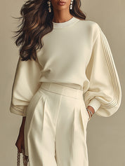 Isa | Ivory Crew Neck Top And High-waisted Wide-leg Pants Set