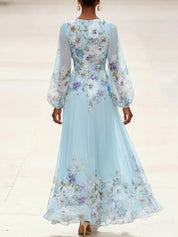 Mia | Light Blue Floral Chiffon V-Neck Maxi Dress