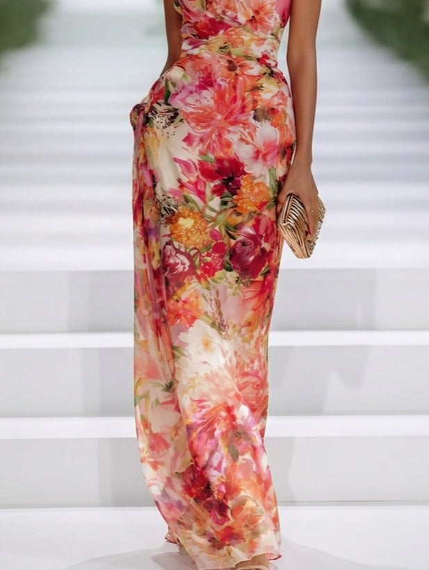 Fae | Red Chiffon Floral Sleeveless Maxi Dress