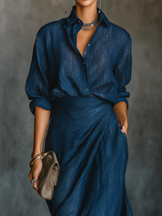 Jenny | Elegant Blue Blend Shirt Long Skirt Set