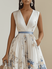 Chloe | White Floral Chiffon V-Neck Pleated Midi Dress