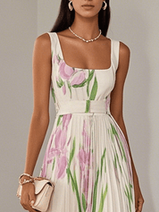 Marie | White Pleated Floral Chiffon Maxi Dress