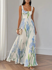 Marie | White Pleated Floral Chiffon Maxi Dress